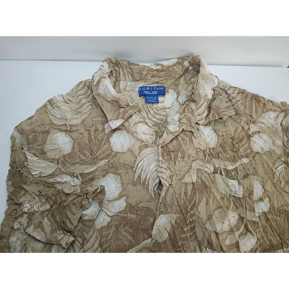 Puritan Mens XL Hawaiian Shirt Floral Short Sleeve Button Up Tan Rayon Casual